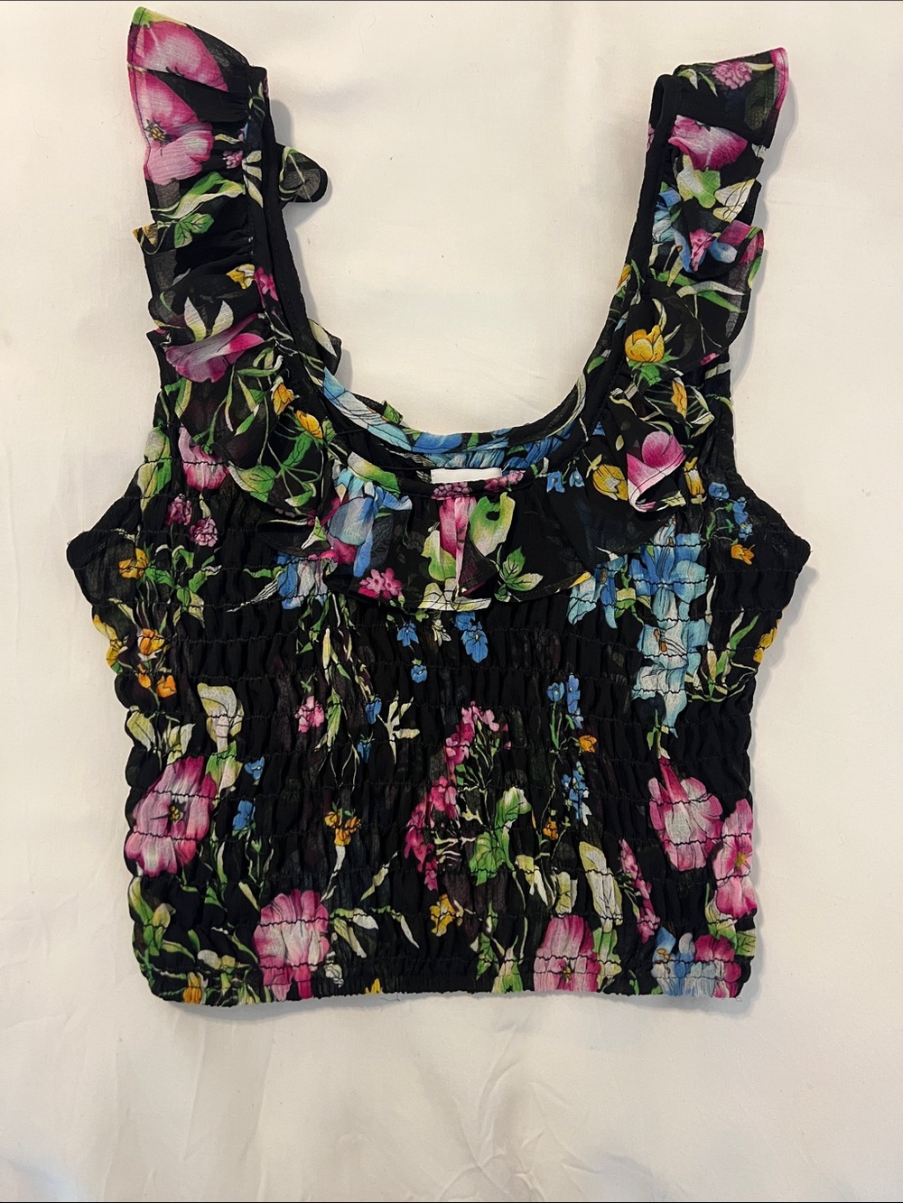 MISA Floral Smocked Crop Tank Top - Black with Pink & Blue Flowers
